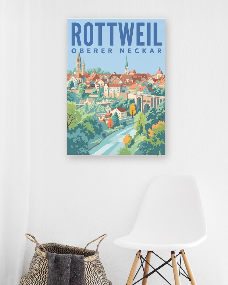 Rottweil Poster · Mid-Century · Oberer Neckar · Retro Reiseplakat Schwarzes Tor, Neckartal & Kapellenturm imagen 9