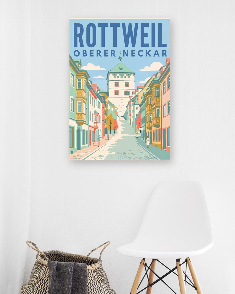 Rottweil Poster · Mid-Century · Oberer Neckar · Retro Reiseplakat Schwarzes Tor, Neckartal & Kapellenturm imagen 8