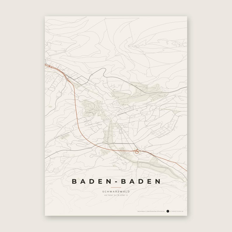 Baden-Baden Stadtplan Poster · Schwarzwald · Karte in 8 Farbwelten · Stadtkarte Wandbild Papier & Rost