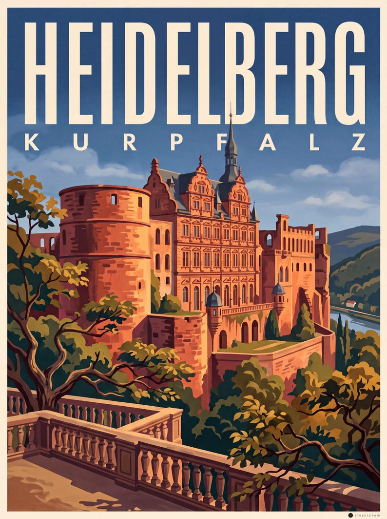 Heidelberg Poster · Picturesque · Palatinate · Retro Travel Poster Old Bridge & Castle Schloss