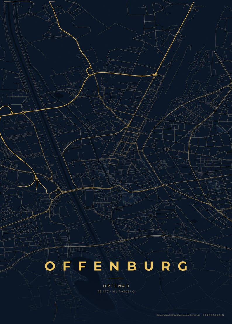 Offenburg City Map Poster · Ortenau · Map in 8 Color Schemes · City Map Wall Art Nachtblau & Gold