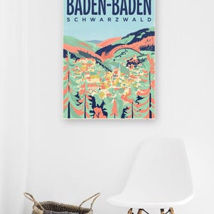 Baden-Baden Poster · Mid-Century · Schwarzwald · Retro Reiseplakat Trinkhalle & Stadt im Tal zdjęcie 6