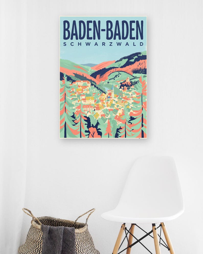 Baden-Baden Poster · Mid-Century · Schwarzwald · Retro Reiseplakat Trinkhalle & Stadt im Tal zdjęcie 6