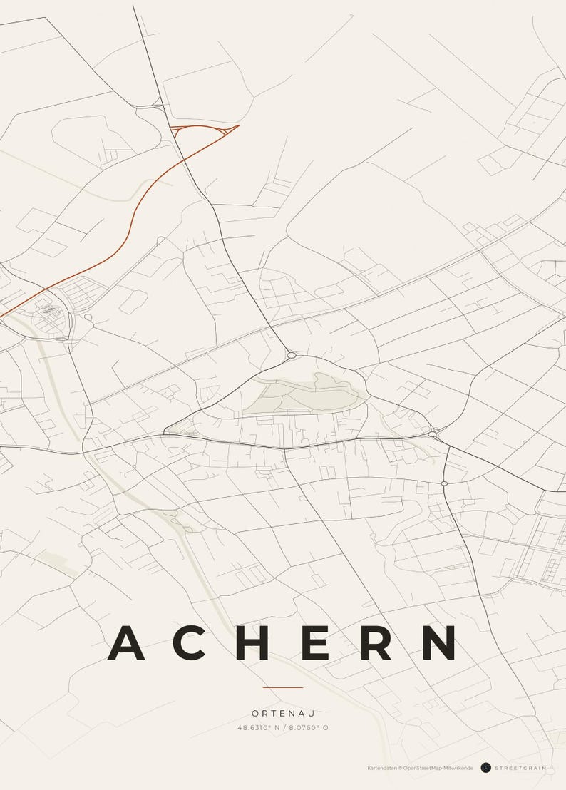 Achern City Map Poster · Ortenau · Map in 8 Color Schemes · City Map Wall Art Papier & Rost