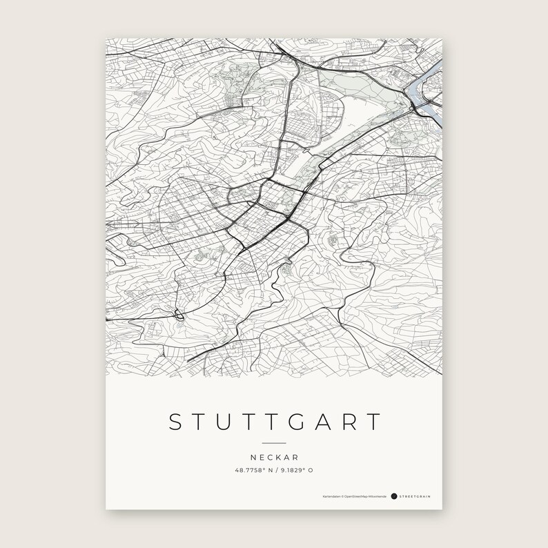 Stuttgart Stadtplan Poster · Neckar · Karte in 8 Farbwelten · Stadtkarte Wandbild Classic Minimal