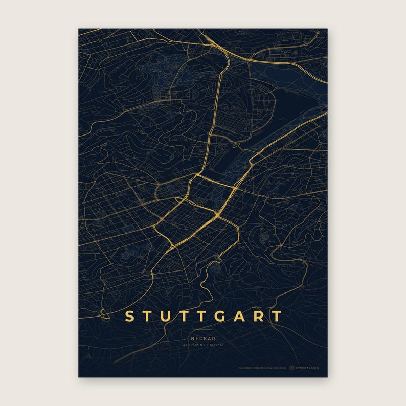 Stuttgart Stadtplan Poster · Neckar · Karte in 8 Farbwelten · Stadtkarte Wandbild Nachtblau & Gold