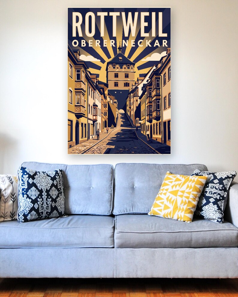 Rottweil Poster · Art déco · Oberer Neckar · Retro Reiseplakat Schwarzes Tor, Neckartal & Kapellenturm imagen 5