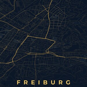Carte de la ville de Fribourg-en-Brisgau · Carte déclinée en 8 couleurs · Décoration murale carte de ville Nachtblau & Gold