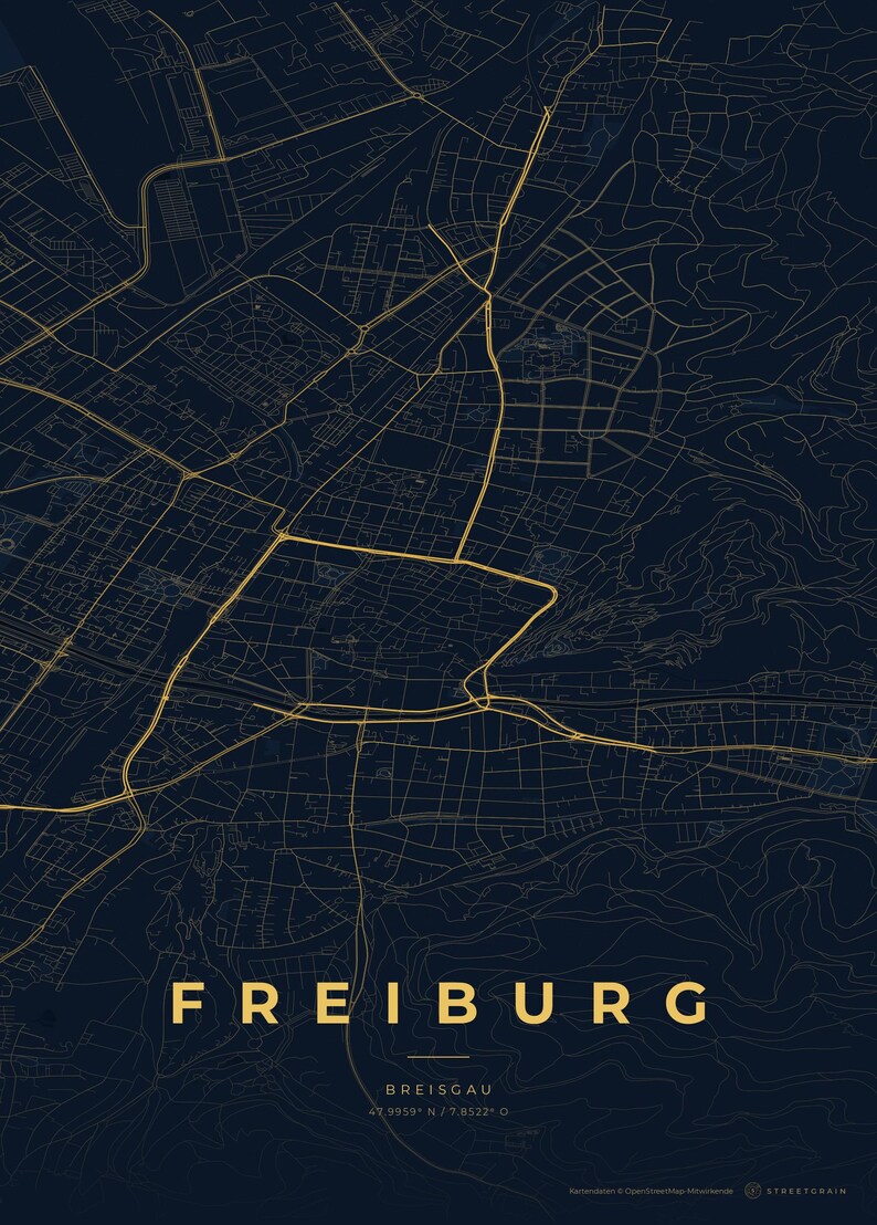 Carte de la ville de Fribourg-en-Brisgau · Carte déclinée en 8 couleurs · Décoration murale carte de ville Nachtblau & Gold