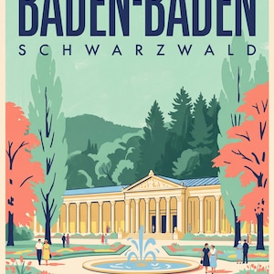 Baden-Baden Poster · Mid-Century · Schwarzwald · Retro Reiseplakat Trinkhalle & Stadt im Tal Trinkhalle