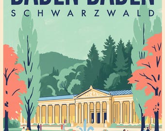 Baden-Baden Poster · Mid-Century · Schwarzwald · Retro Reiseplakat Trinkhalle & Stadt im Tal