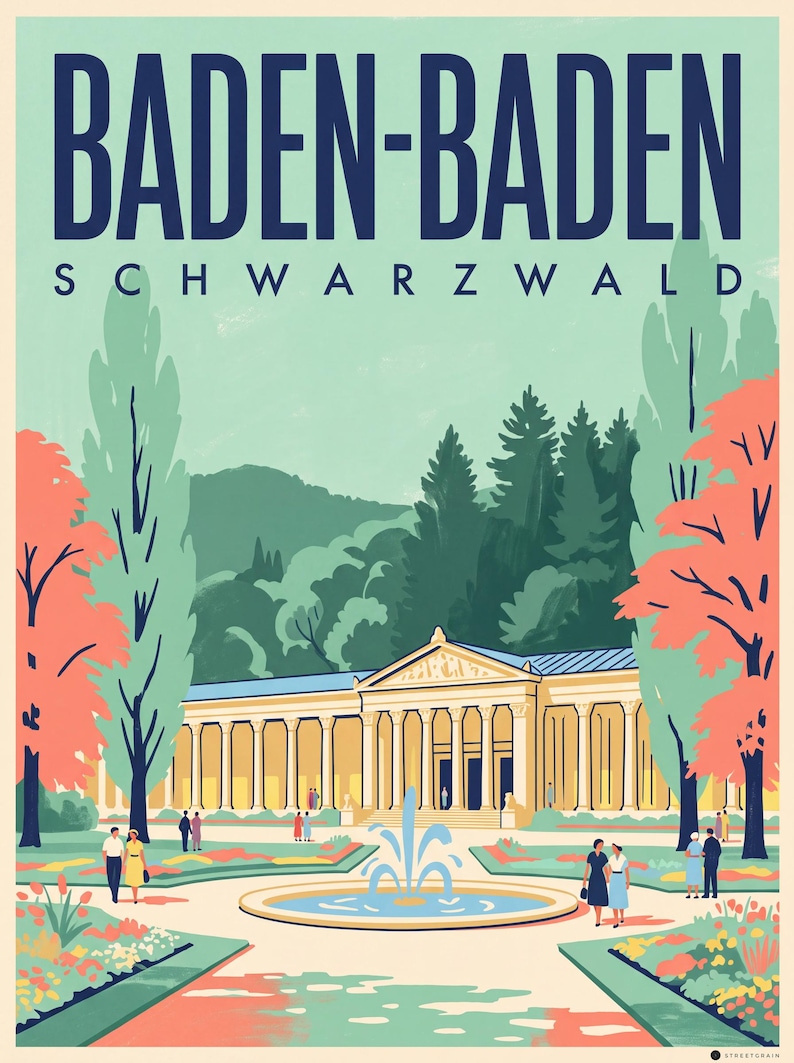 Baden-Baden Poster · Mid-Century · Schwarzwald · Retro Reiseplakat Trinkhalle & Stadt im Tal Trinkhalle