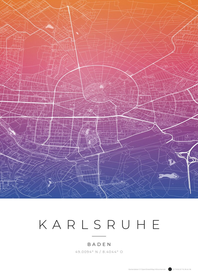 Póster del mapa de la ciudad de Karlsruhe · Baden · Mapa en 8 combinaciones de colores · Arte mural de mapas de ciudades Aquarell Gradient