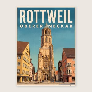 Rottweil Poster · Malerisch · Oberer Neckar · Retro Reiseplakat Schwarzes Tor, Neckartal & Kapellenturm Kapellenturm