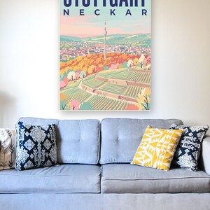 Stuttgart Poster · Mid-Century · Neckar · Retro Reiseplakat Schlossplatz, Fernsehturm, Grabkapelle & Schillerplatz Bild 7