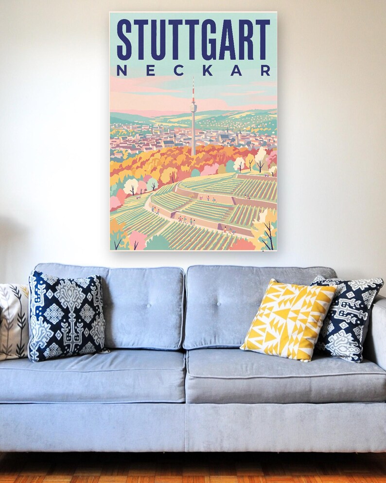 Stuttgart Poster · Mid-Century · Neckar · Retro Reiseplakat Schlossplatz, Fernsehturm, Grabkapelle & Schillerplatz Bild 7
