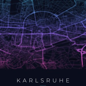 Póster del mapa de la ciudad de Karlsruhe · Baden · Mapa en 8 combinaciones de colores · Arte mural de mapas de ciudades Neon Nights