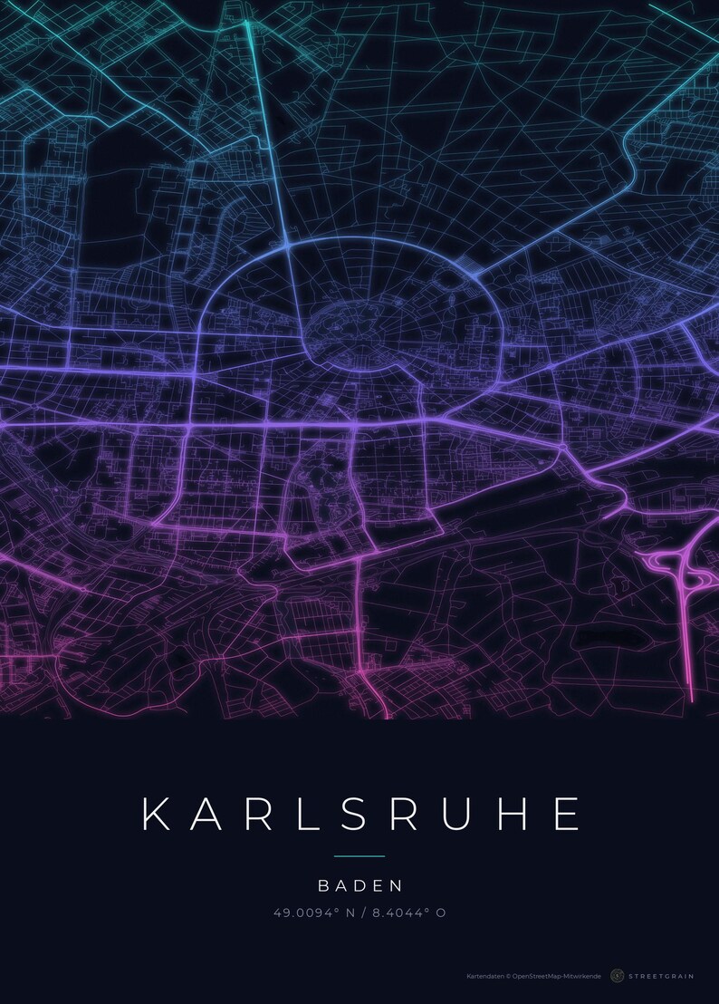 Póster del mapa de la ciudad de Karlsruhe · Baden · Mapa en 8 combinaciones de colores · Arte mural de mapas de ciudades Neon Nights