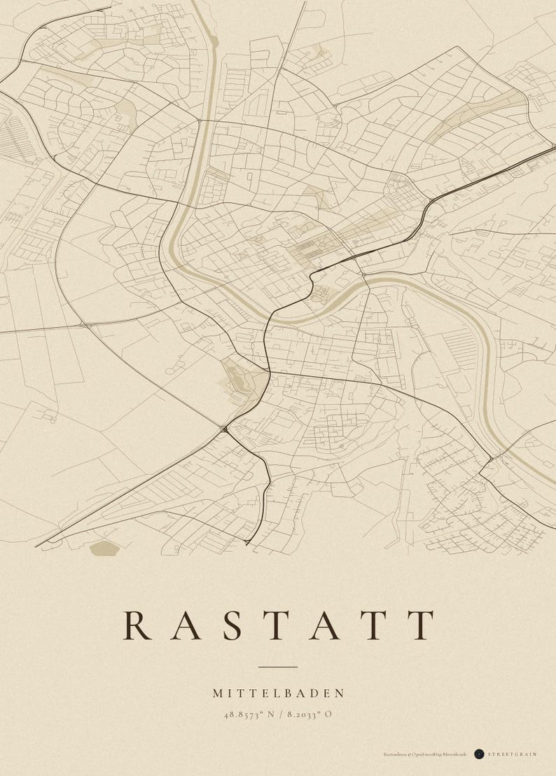 Rastatt Stadtplan Poster · Mittelbaden · Karte in 8 Farbwelten · Stadtkarte Wandbild Vintage Sepia