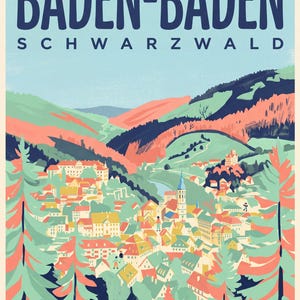 Baden-Baden Poster · Mid-Century · Schwarzwald · Retro Reiseplakat Trinkhalle & Stadt im Tal Stadt im Tal