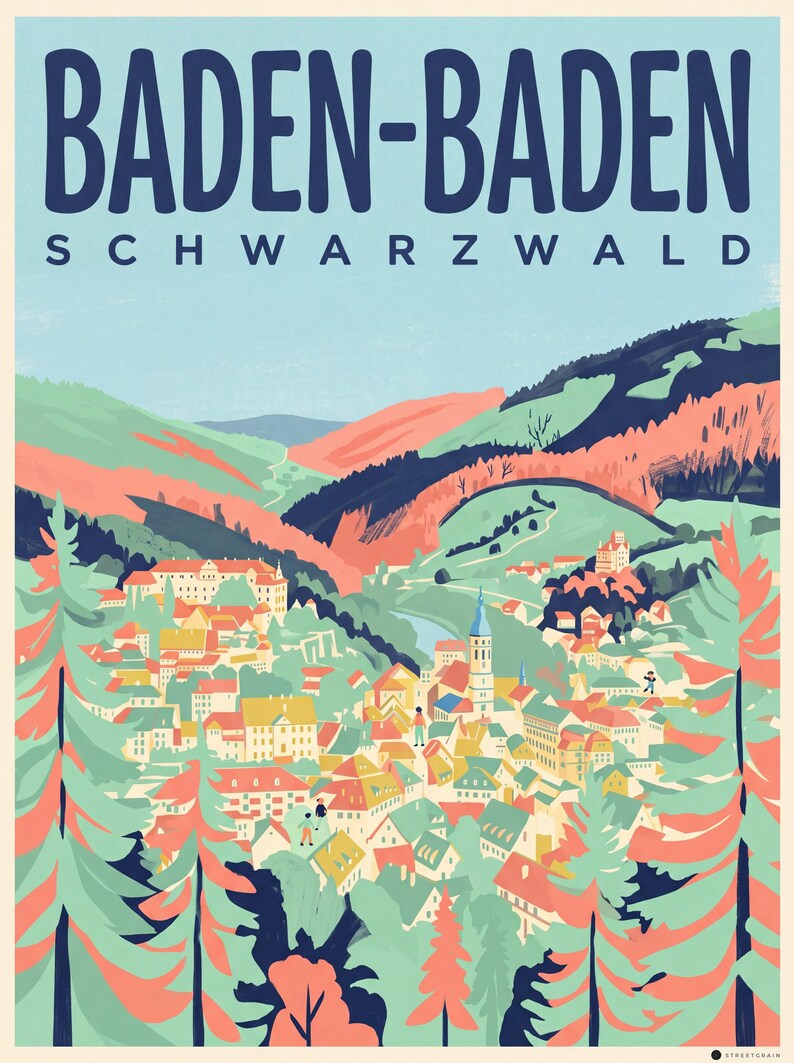 Baden-Baden Poster · Mid-Century · Schwarzwald · Retro Reiseplakat Trinkhalle & Stadt im Tal Stadt im Tal