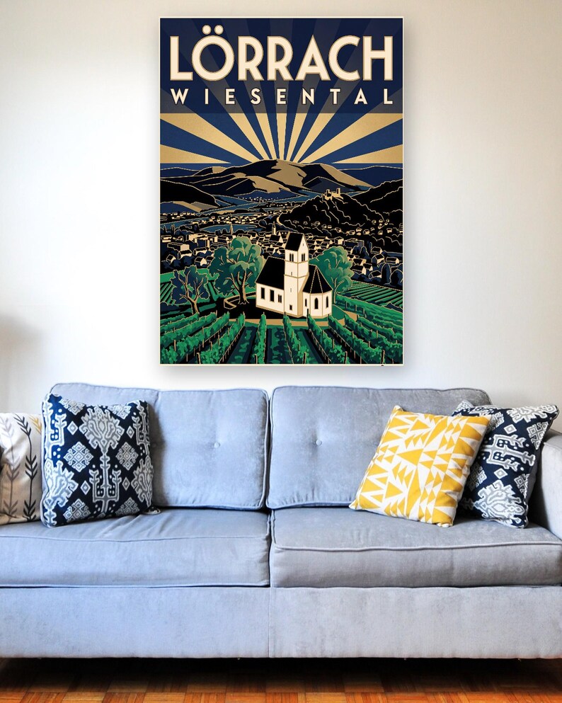 Lörrach Poster · Art déco · Wiesental · Retro Reiseplakat Burg Rötteln & Tüllinger Berg zdjęcie 4