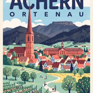 Achern Poster · Mid-Century · Ortenau · Retro Reiseplakat Nikolauskapelle & Illenau Illenau