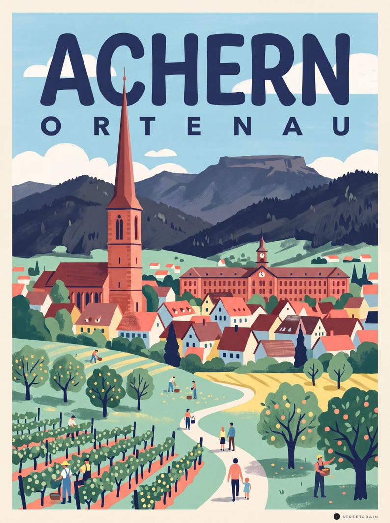 Achern Poster · Mid-Century · Ortenau · Retro Reiseplakat Nikolauskapelle & Illenau Illenau