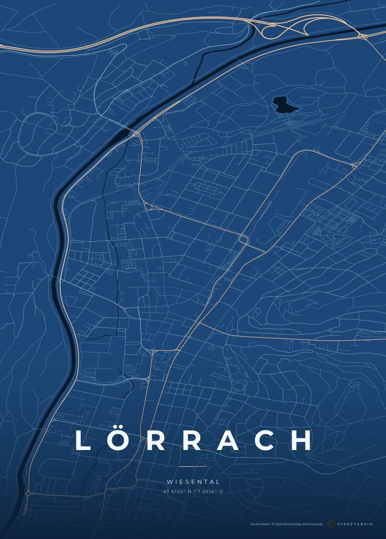 Lörrach City Map Poster · Wiesental · Map in 8 Color Schemes · City Map Wall Mural Tiefblau & Eis