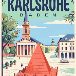 Karlsruhe Poster · Mid-Century · Baden · Retro Travel Poster Market Square & Castle Marktplatz