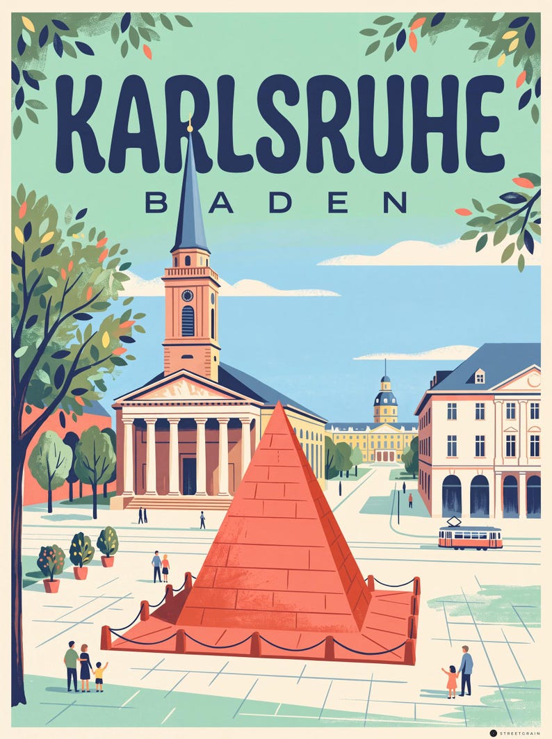 Karlsruhe Poster · Mid-Century · Baden · Retro Travel Poster Market Square & Castle Marktplatz