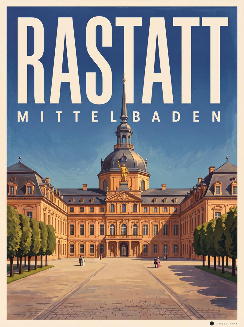 Rastatt Poster · Malerisch · Mittelbaden · Retro Reiseplakat Schloss & Murg Schloss