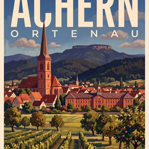 Achern Poster · Malerisch · Ortenau · Retro Reiseplakat Nikolauskapelle & Illenau Illenau