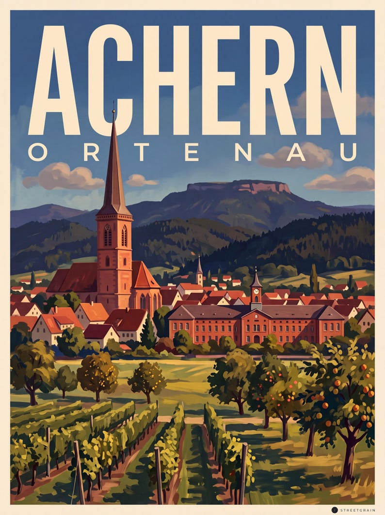 Achern Poster · Malerisch · Ortenau · Retro Reiseplakat Nikolauskapelle & Illenau Illenau