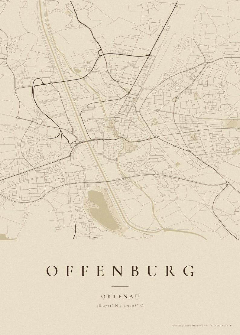 Offenburg City Map Poster · Ortenau · Map in 8 Color Schemes · City Map Wall Art Vintage Sepia