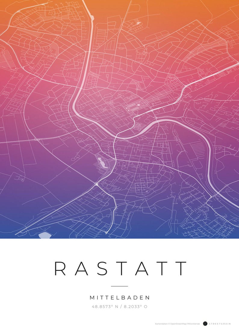 Rastatt Stadtplan Poster · Mittelbaden · Karte in 8 Farbwelten · Stadtkarte Wandbild Aquarell Gradient