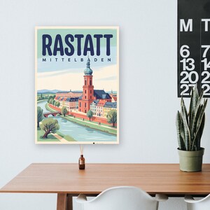 Rastatt Poster · Mid-Century · Mittelbaden · Retro Reiseplakat Schloss & Murg afbeelding 9