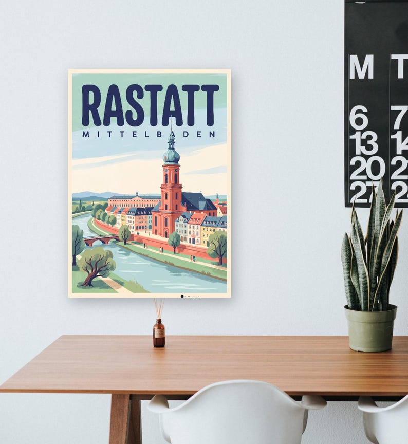 Rastatt Poster · Mid-Century · Mittelbaden · Retro Reiseplakat Schloss & Murg afbeelding 9