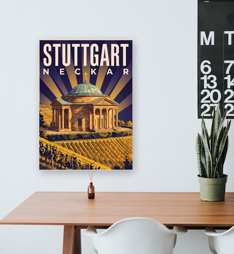 Stuttgart Poster · Art déco · Neckar · Retro Reiseplakat Schlossplatz, Fernsehturm, Grabkapelle & Schillerplatz Bild 16