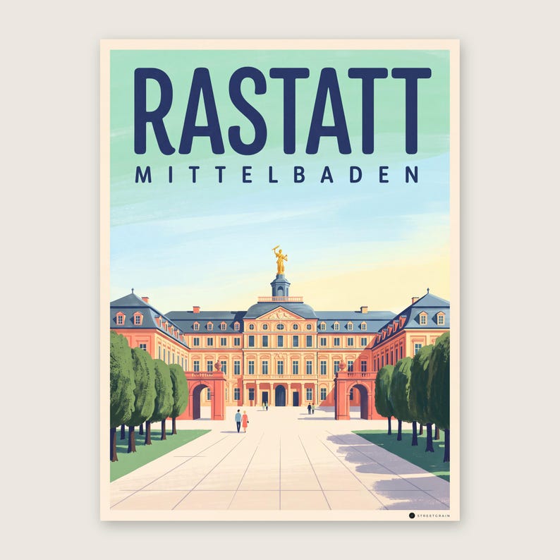 Rastatt Poster · Mid-Century · Mittelbaden · Retro Reiseplakat Schloss & Murg Schloss