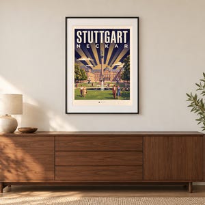 Stuttgart Poster · Art déco · Neckar · Retro Reiseplakat Schlossplatz, Fernsehturm, Grabkapelle & Schillerplatz Bild 1