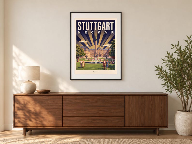 Stuttgart Poster · Art déco · Neckar · Retro Reiseplakat Schlossplatz, Fernsehturm, Grabkapelle & Schillerplatz Bild 1
