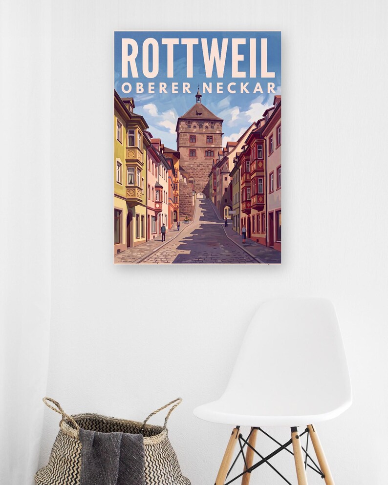 Rottweil Poster · Malerisch · Oberer Neckar · Retro Reiseplakat Schwarzes Tor, Neckartal & Kapellenturm 画像 8