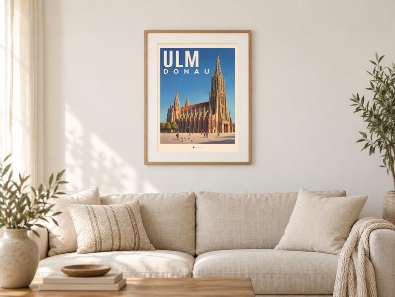 Ulm Poster · Malerisch · Donau · Retro Reiseplakat Münster, Schiefes Haus & Donau Bild 1