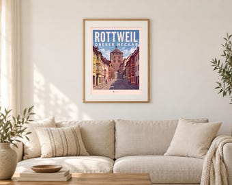 Rottweil Poster · Malerisch · Oberer Neckar · Retro Reiseplakat Schwarzes Tor, Neckartal & Kapellenturm