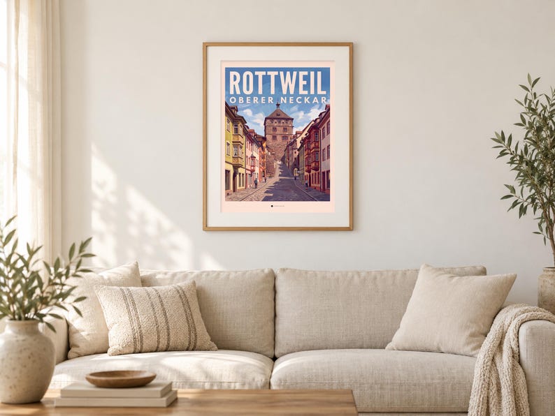 Rottweil Poster · Malerisch · Oberer Neckar · Retro Reiseplakat Schwarzes Tor, Neckartal & Kapellenturm 画像 1