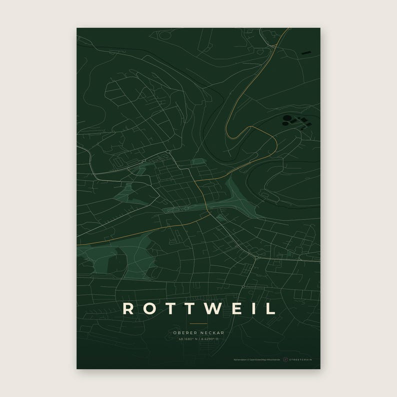 Rottweil Stadtplan Poster · Oberer Neckar · Karte in 8 Farbwelten · Stadtkarte Wandbild Schwarzwald & Creme