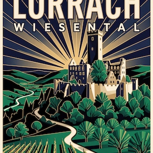 Lörrach Poster · Art déco · Wiesental · Retro Reiseplakat Burg Rötteln & Tüllinger Berg Burg Rötteln