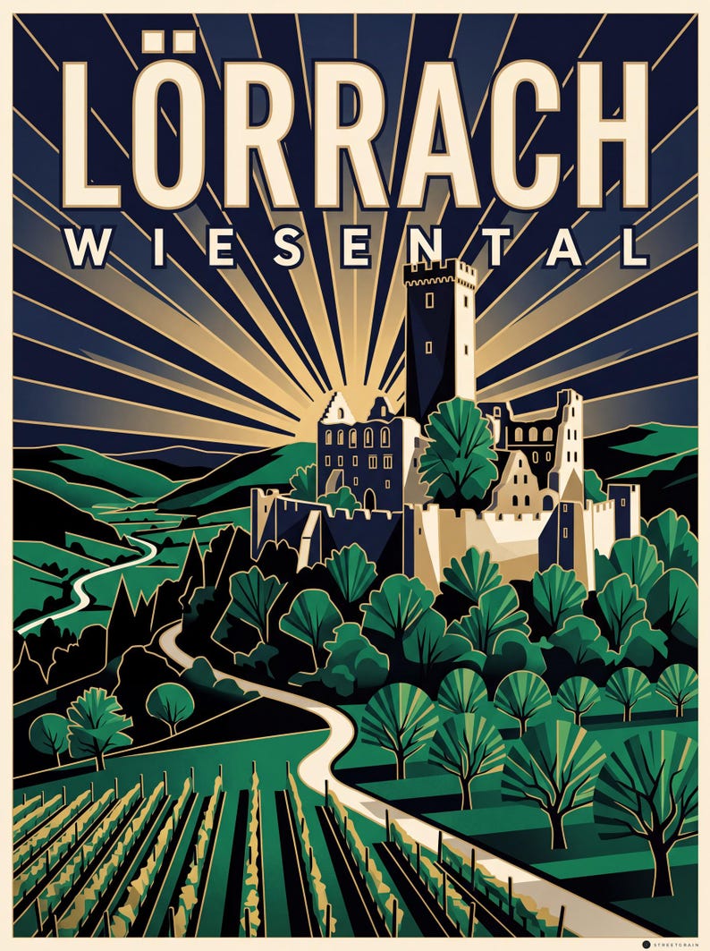 Lörrach Poster · Art déco · Wiesental · Retro Reiseplakat Burg Rötteln & Tüllinger Berg Burg Rötteln
