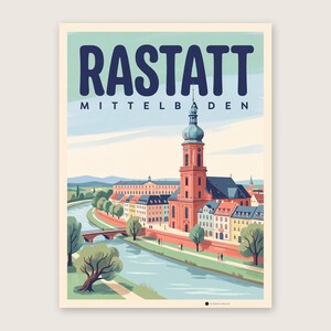 Rastatt Poster · Mid-Century · Mittelbaden · Retro Reiseplakat Schloss & Murg Murg